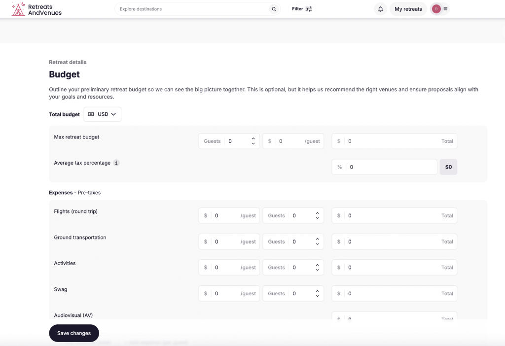 Screenshot of the budget tool that retreatsandvenues has built!